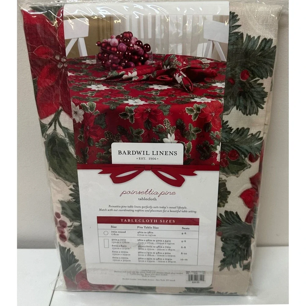 Bardwil Linens Poinsettia Pine 70 Inch Round Christmas Tablecloth Red Green